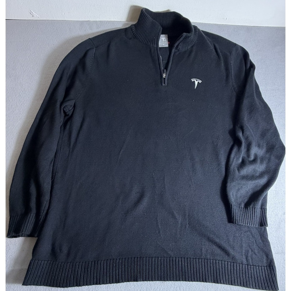 Official Tesla Quarter Zip Knit Sweater Mens XL Black w White Embroidered Logo